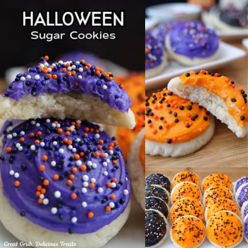 A three photo collage of purple, orange and black frosted mini Halloween sugar cookies.
