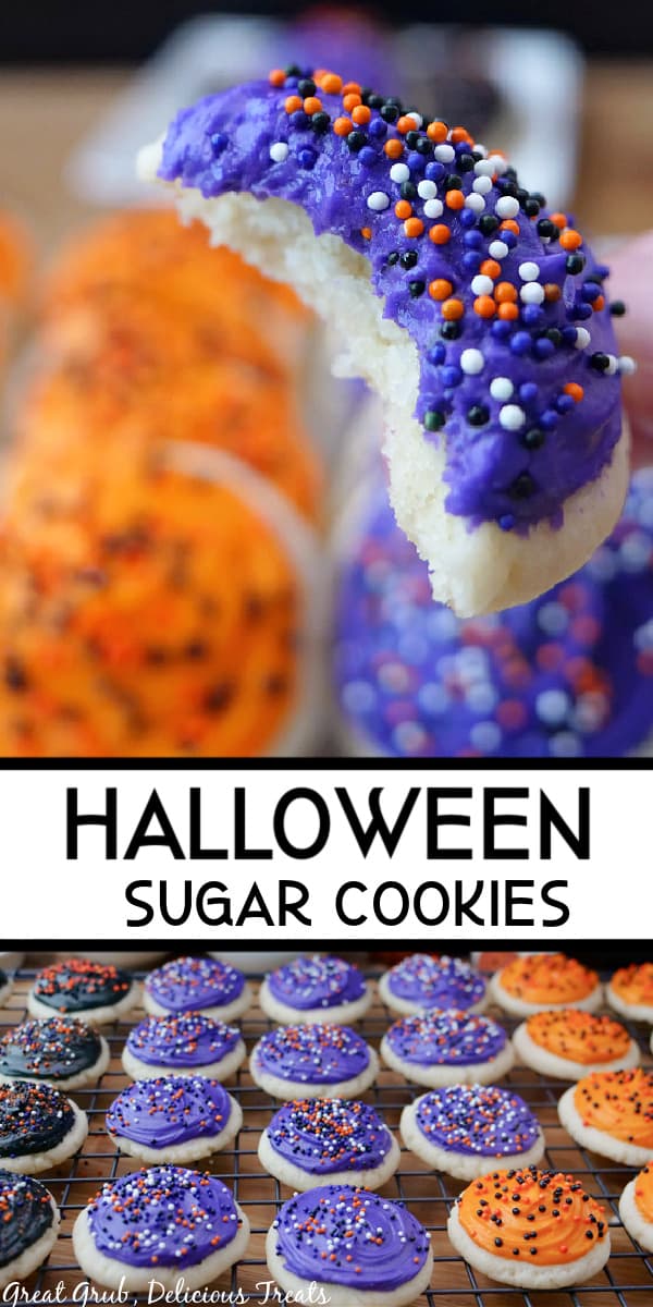 A double photo collage of purple, orange, and black mini frosted cookies with candy sprinkles.