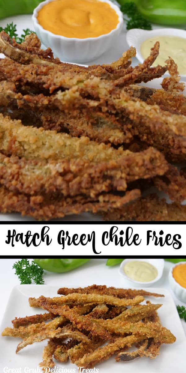 A double photo collage of hatch chile fries on a white plate.