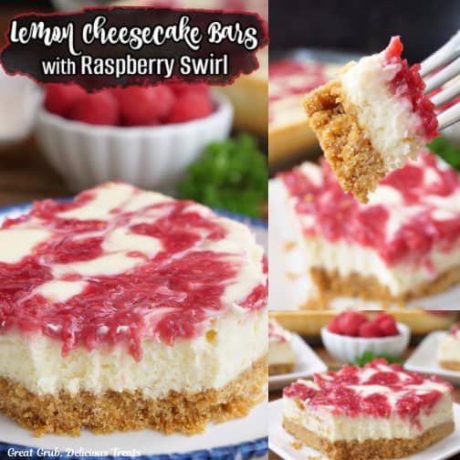 A three collage photo of lemon cheesecake bars with a fresh raspberry swirl on top.