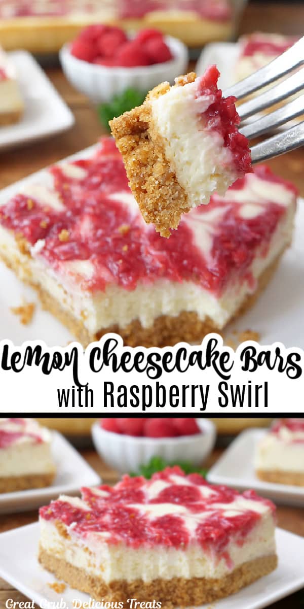 A double collage photo of lemon cheesecake bars with raspberry swirl.