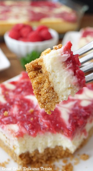 A bite of cheesecake on a fork.