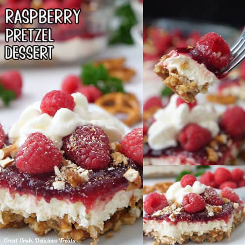 A three photo collage of a pretzel dessert with cream cheese and raspberries.