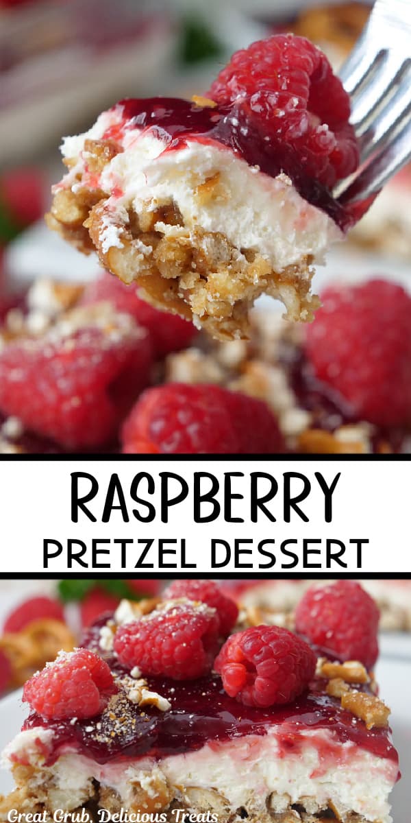 A double photo collage of raspberry pretzel dessert.