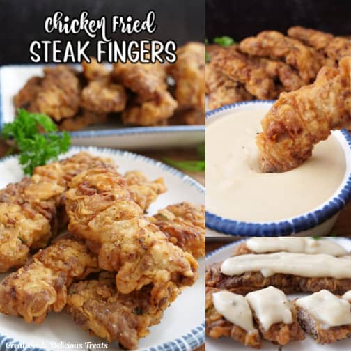 A three collage photo of chicken fried steak fingers on a white plate with blue trim.