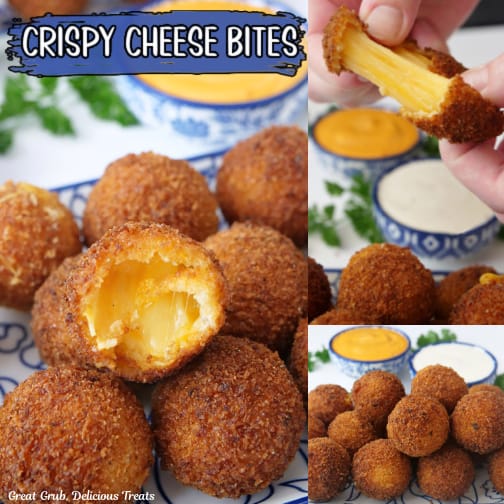 A three collage photo of crispy cheese bites.