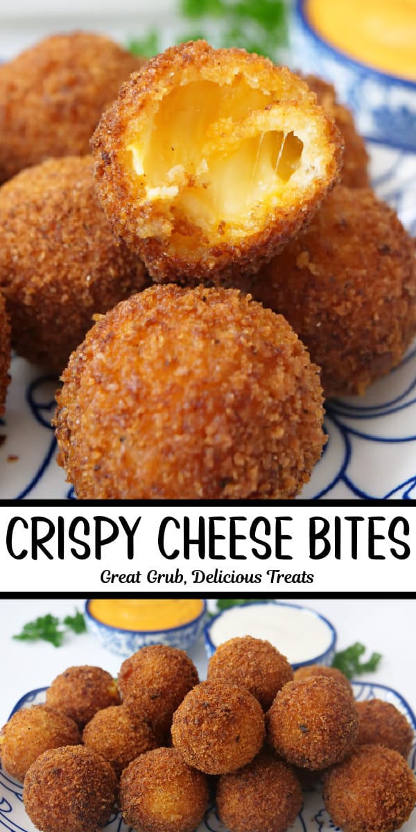 A double collage photo of cheese bites on a white and blue plate.