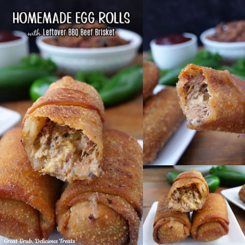 A three collage photo of homemade egg rolls made with leftover beef brisket.