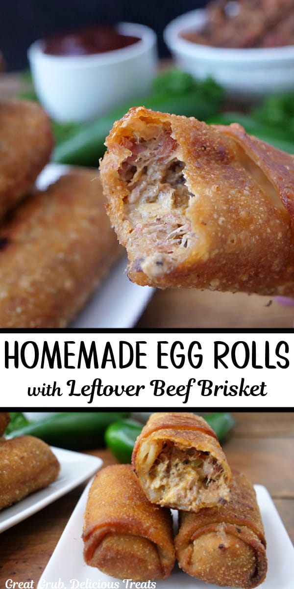 A double collage photo of leftover brisket egg rolls.
