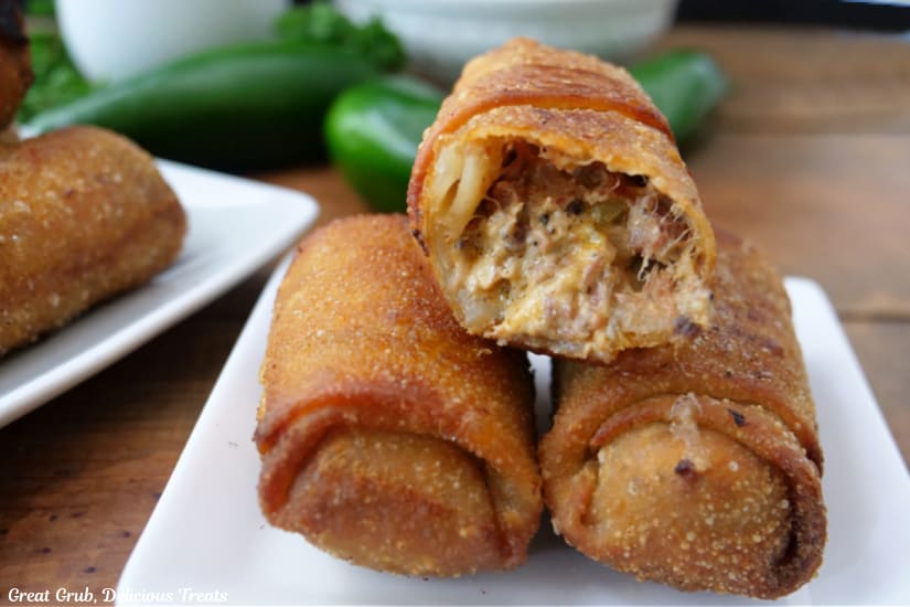 A horizontal photo of three golden brown fried egg rolls on a white plate.