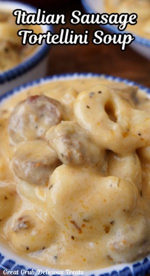 A close up of a serving bowl filled with creamy tortellini soup.