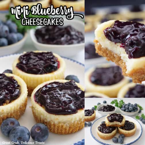 A three photo collage of mini blueberry cheesecakes.
