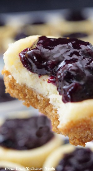 A close up of a mini cheesecake with blueberries on top that has a bite taken out of it.
