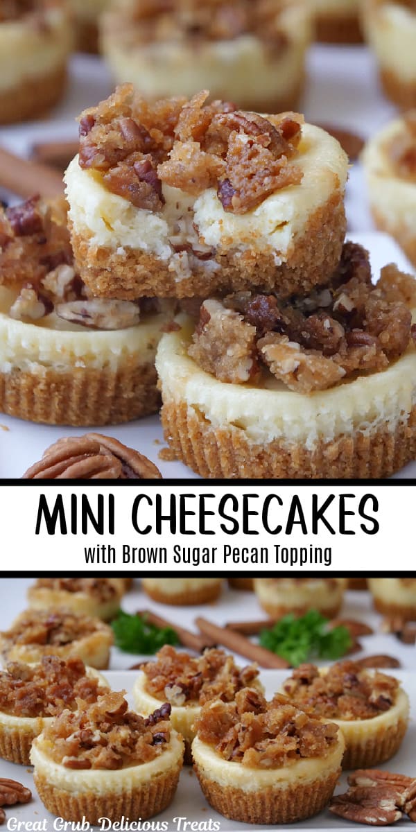 A double collage photo of mini cheesecakes on white plates that are topped with a brown sugar pecan topping.