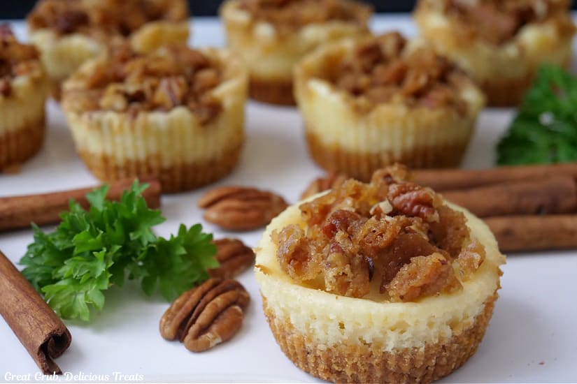 A horizontal photo of mini cheesecakes with a crunchy pecan topping on top of them.