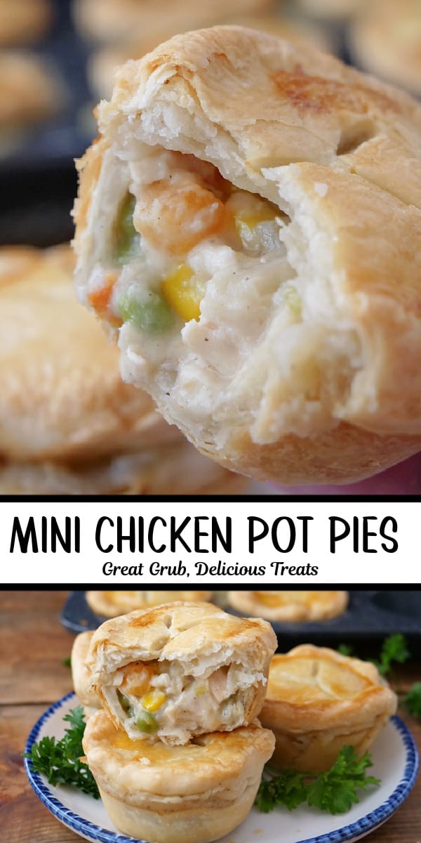 A double collage photo of mini chicken pot pies.