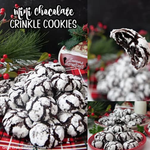 A three photo collage of mini chocolate crinkle cookies on a red plaid plate.