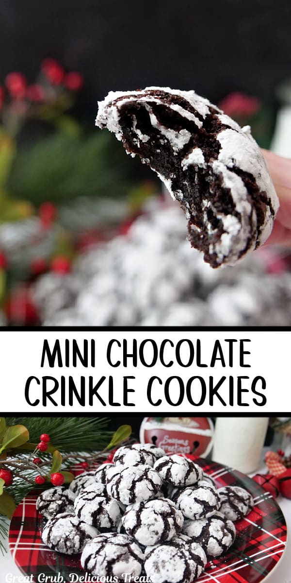 A double collage photo of mini chocolate crinkle cookies.