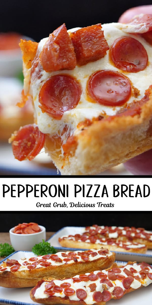 A double collage photo of homemade pizza bread with pepperonis on it.