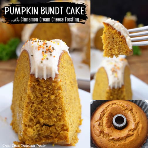 A three photo collage of pumpkin bundt cake with frosting on it.