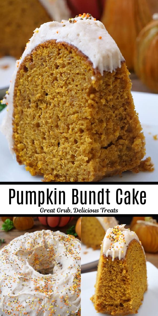 A triple collage photo of pumpkin bundt cake with frosting on it.