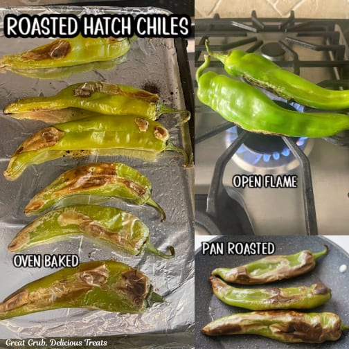 A three collage photo of roasted Hatch green chiles.