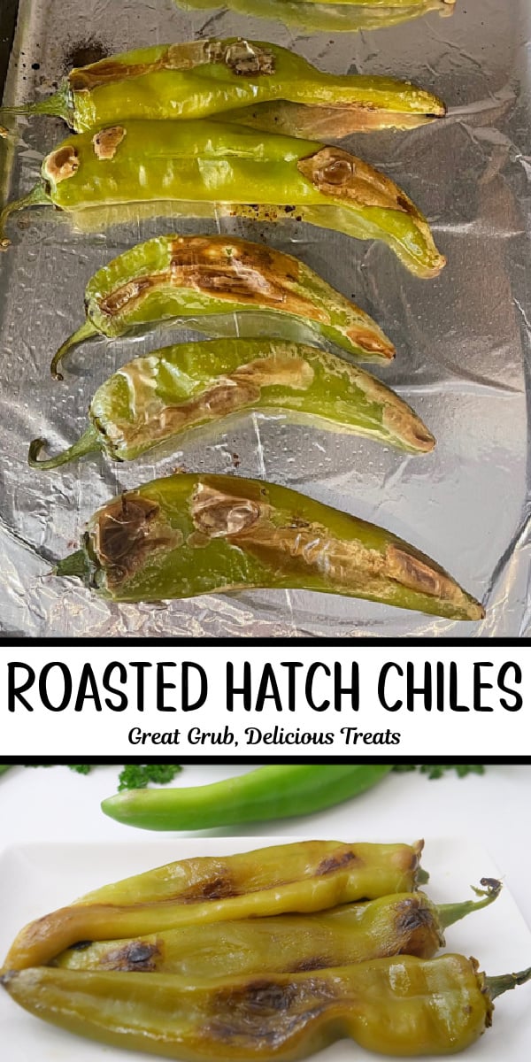 A double photo collage of roasted hatch chiles.