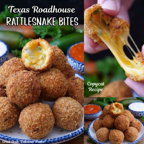 A three collage photo of a copycat appetizer recipe of Texas Roadhouse Rattlesnake Bites.
