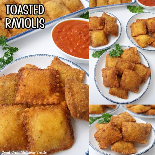 A three collage photo of toasted raviolis on white plates with blue trim.