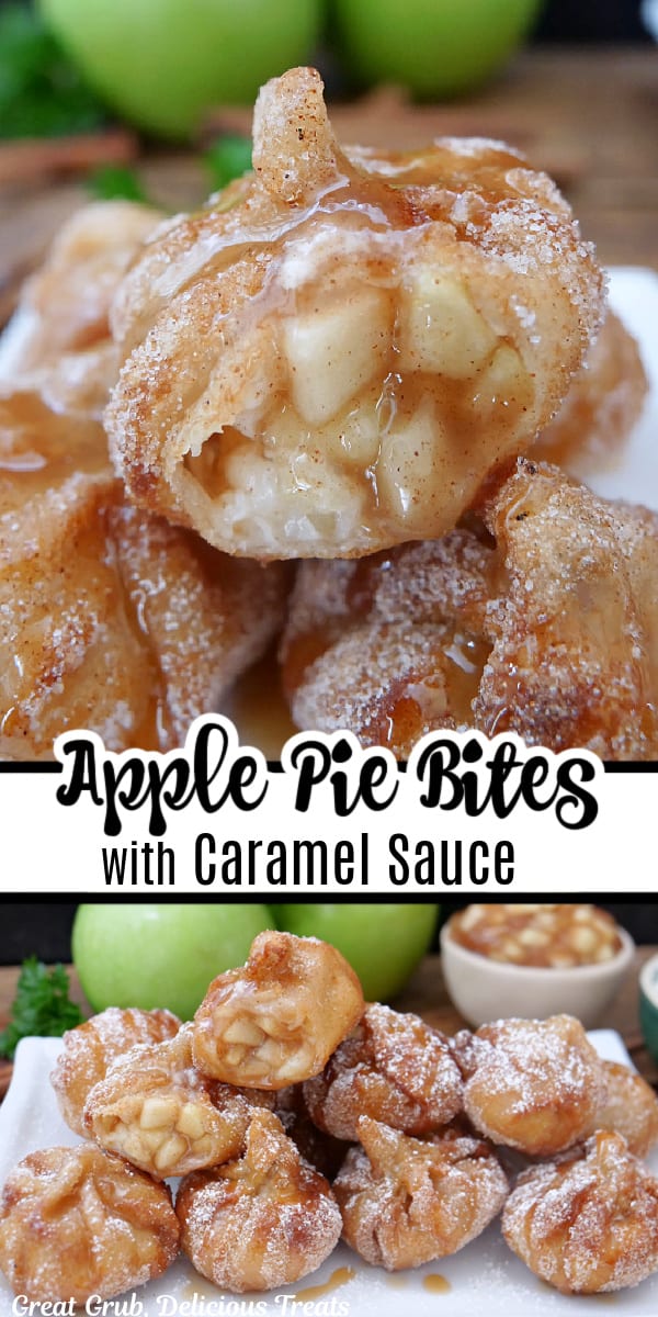 A double collage photo of apple pie bites with the title of the recipe in the center of the photo.