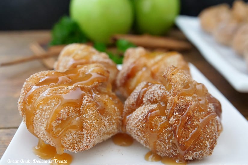 A horizontal photo of a white plate with four fried wontons with caramel sauce drizzled over the top.