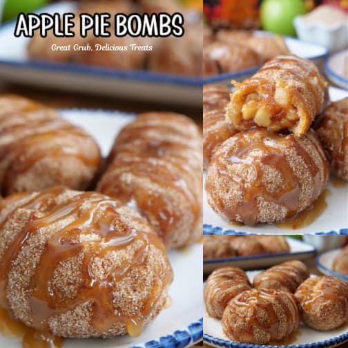A three collage photo of apple filled crescents with caramel drizzle.