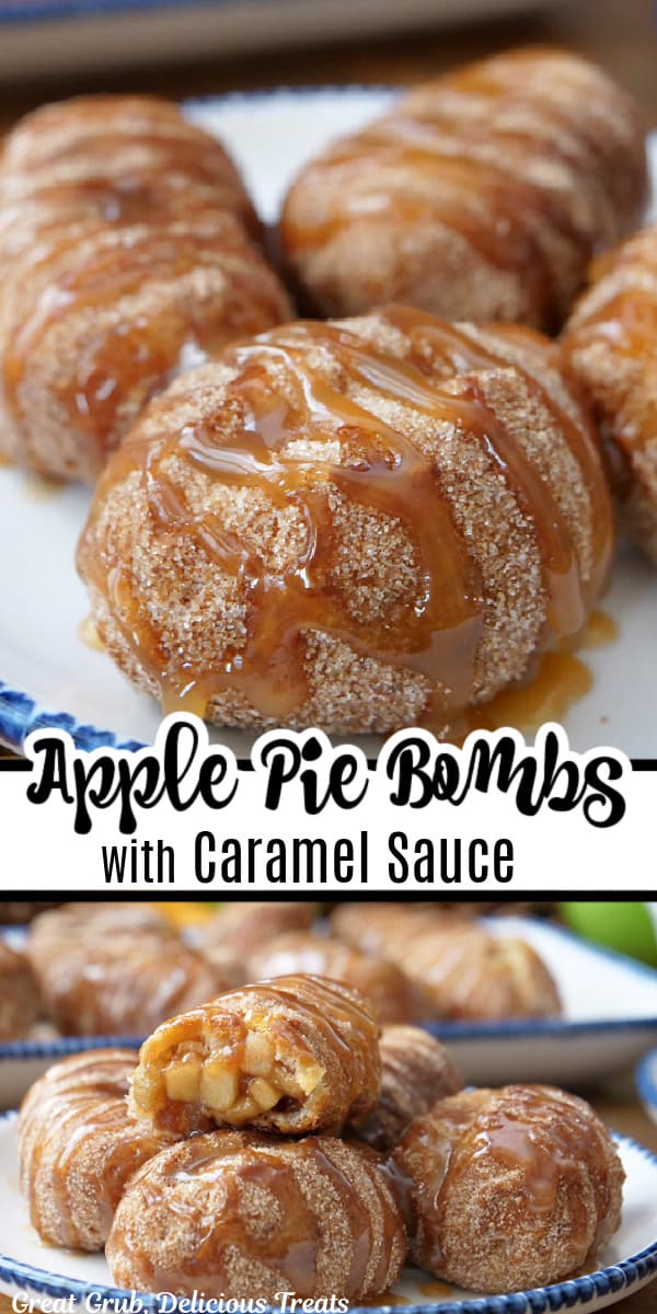 A double collage photo of apple pie bombs with caramel drizzled over them.