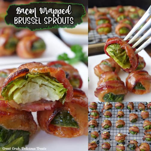 A three collage photo of brussel sprouts that are wrapped in bacon.