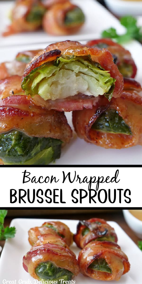 A double collage photo of bacon wrapped brussel sprouts.
