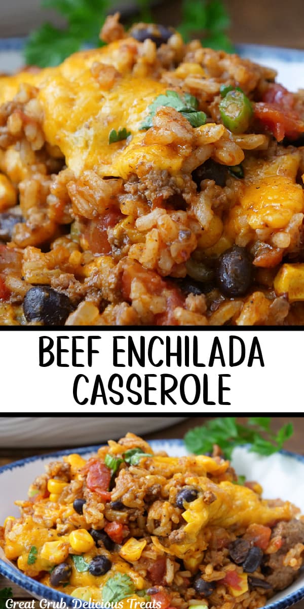 A double collage photo of beef enchilada casserole.