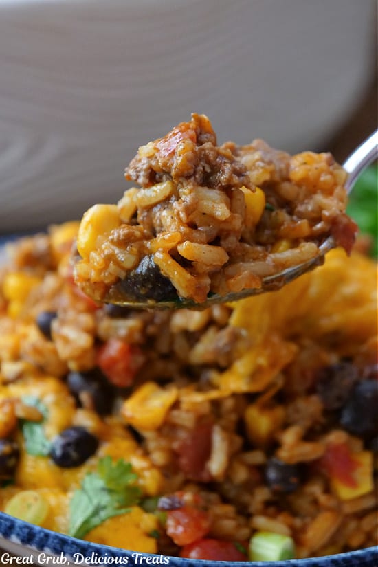 A close up of a spoonful of beef, rice, corn, beans, and cheese.