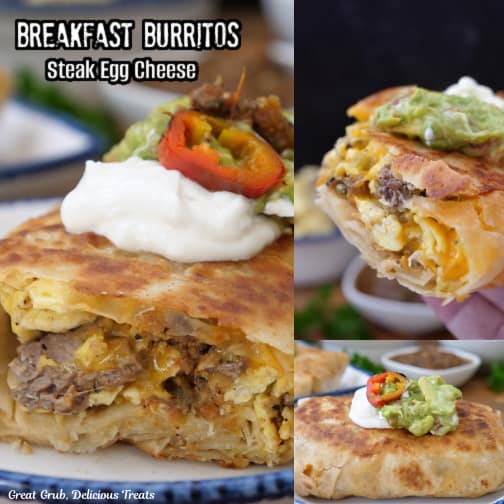 A three collage photo of a steak, egg, and cheese breakfast burrito.
