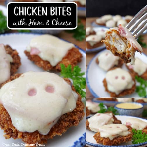 A three collage photo of chicken bites with ham and cheese on top of them.