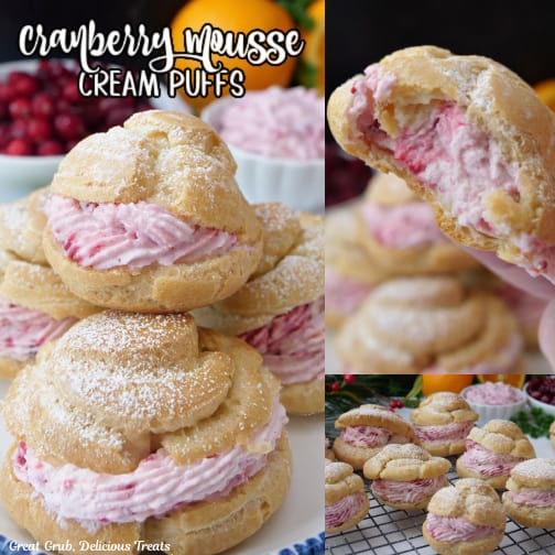 A three collage photo of cranberry mousse cream puffs.