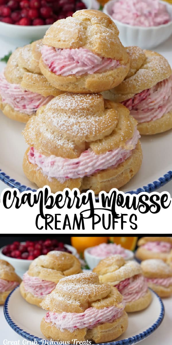 A double collage photo of homemade cream puffs with a cranberry mousse filling.