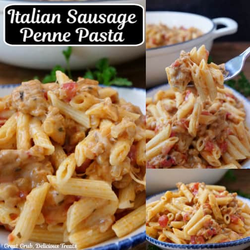A three collage photo of cheesy pasta with sausage.