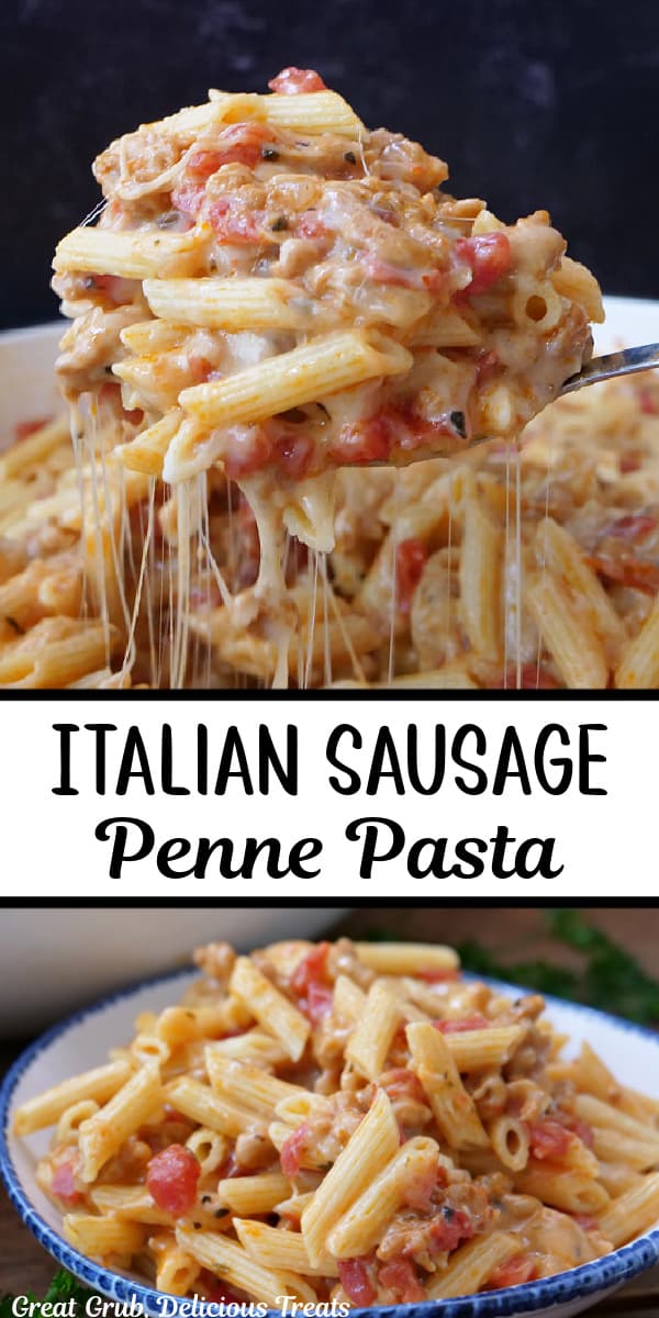 A double collage photo of Italian sausage penne pasta.