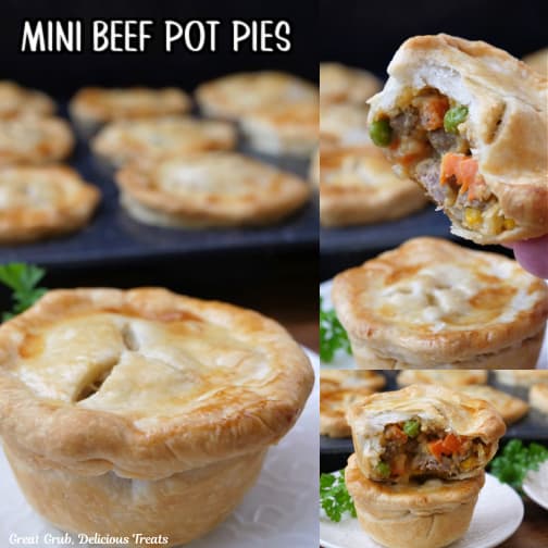 A three collage photo of mini beef pot pies.