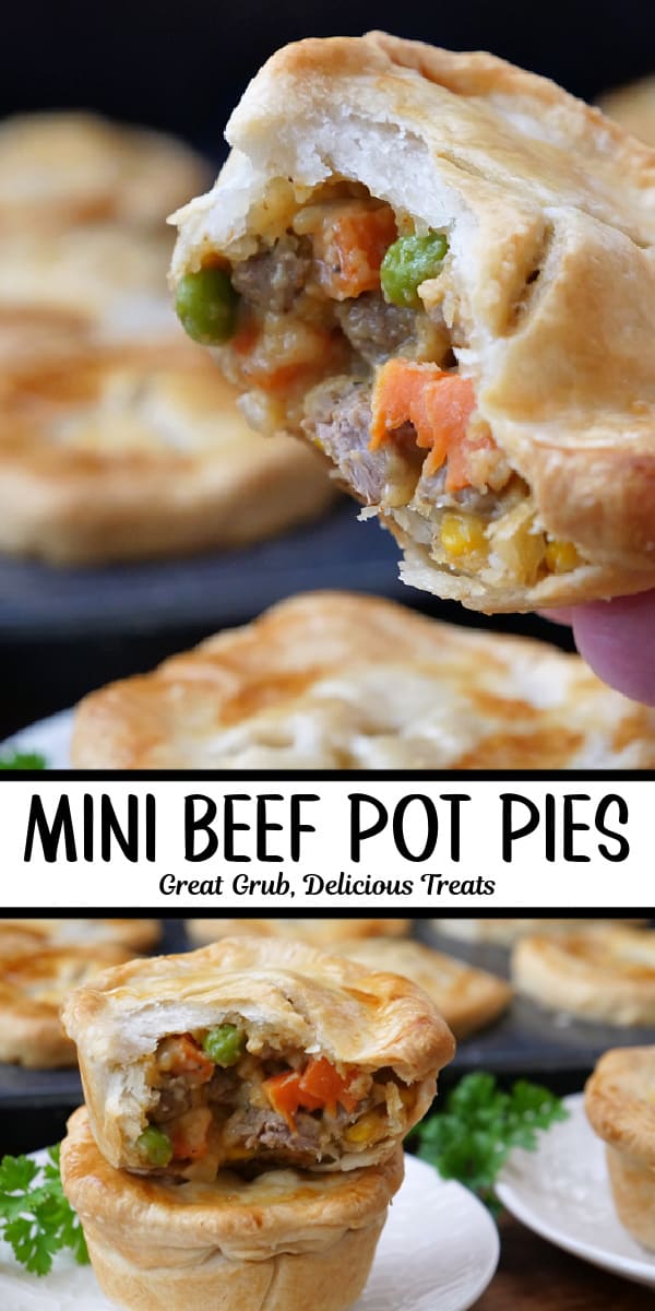 A double collage photo of mini beef pot pies.
