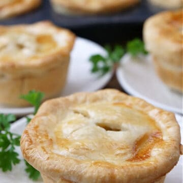 A close up of a mini pot pie on a small white round plate with more in the background.