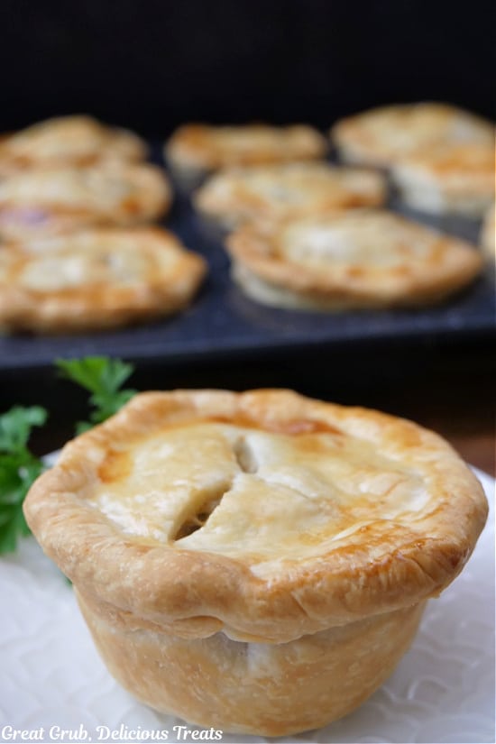 A mini pot pie on a white plate with more in the background.