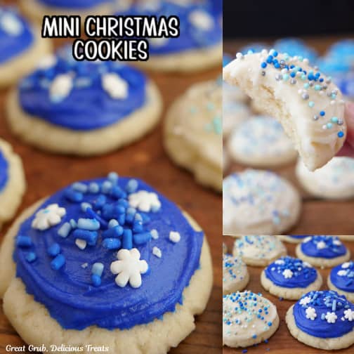 A three collage photo of bite-size Christmas sugar cookies with blue and white frosting and candy sprinkles.