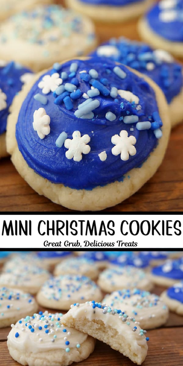 A double collage photo of mini sugar cookies that have blue frosting and candy sprinkles.