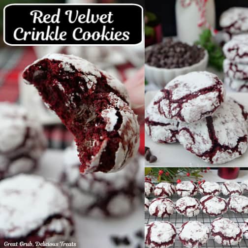 A three collage photo of red velvet crinkle cookies.